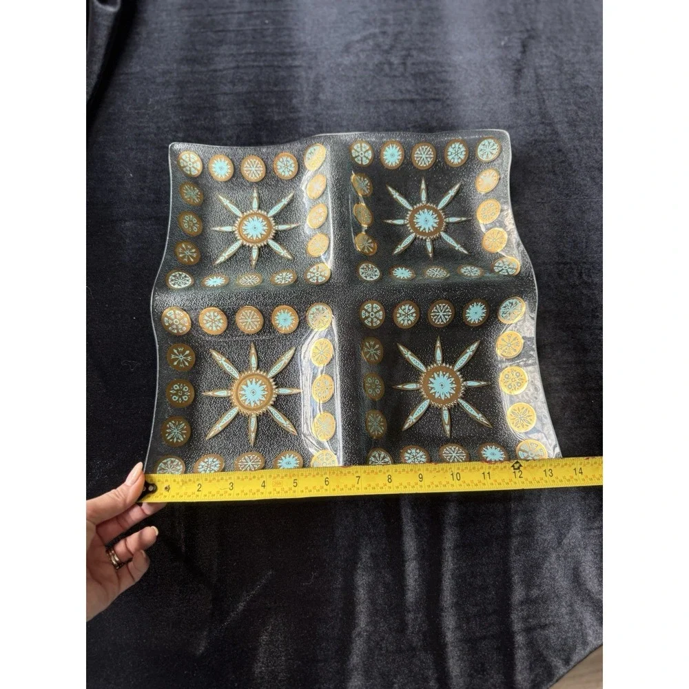 Vintage MCM CULVER Glass Carnival Turquoise Blue Gold 4 Serving‎ Tray Platter